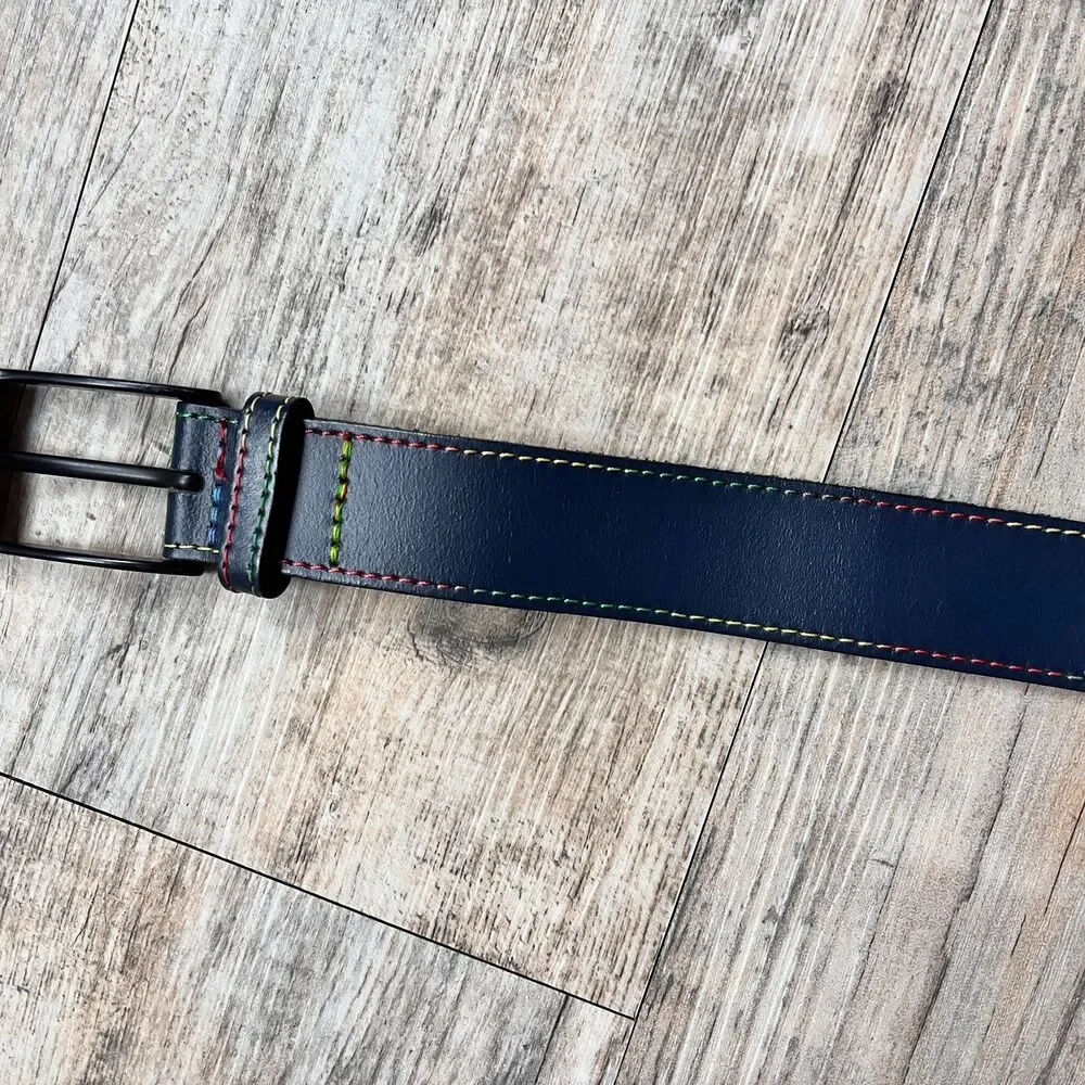 ASOS Genuine Leather Belt Black Rainbow Stitch Size 34 Statement Minimalist